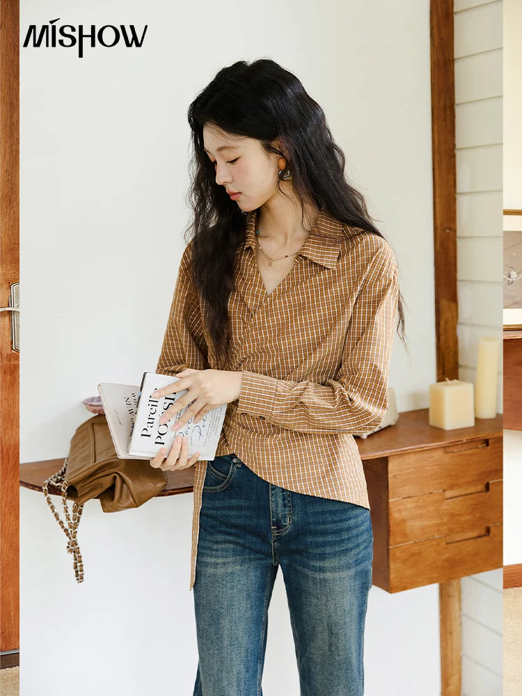 MISHOW Women's 100 Cotton Dark Orange Plaid Shirt Autumn Design Side Waist Lace-up Long Sleeved Shirts Office Lady MXE46X2494