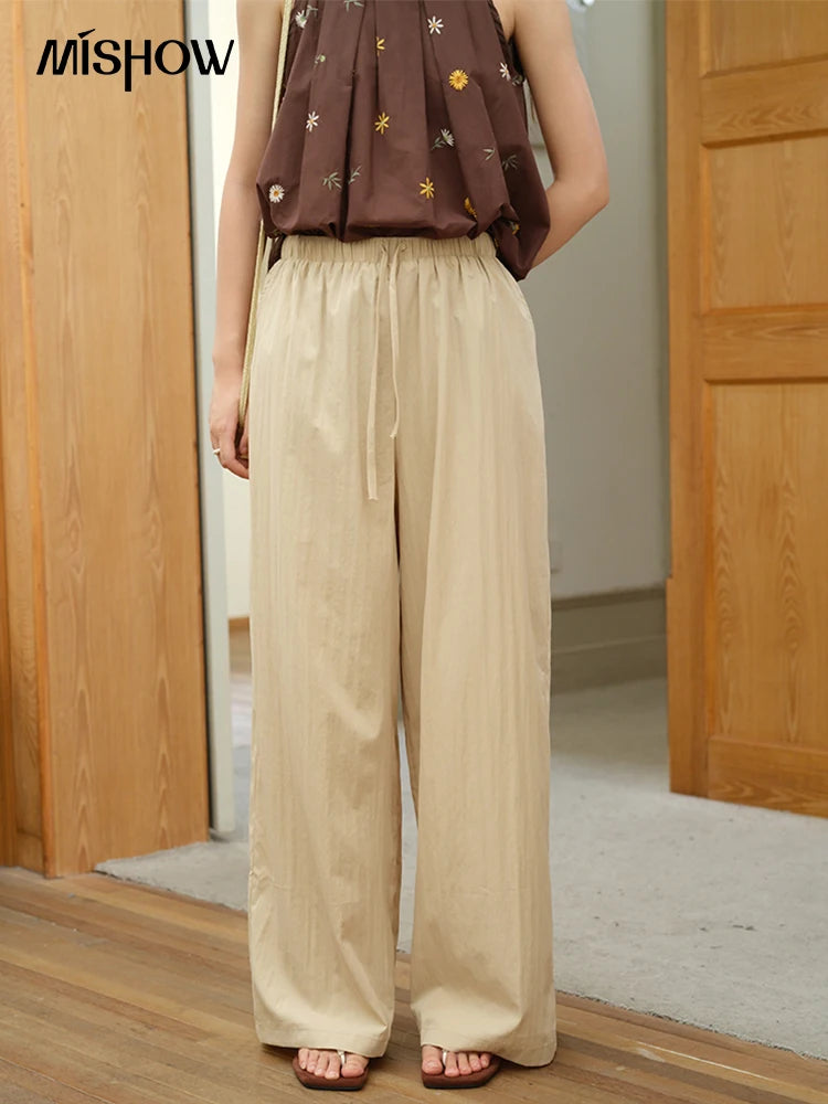 MISHOW Women's Two Piece Set 2025 Summer New Embroidery Hanging Neck Sleeveless Top Retro Khaki Wide Leg Pants Set MXE39T0713