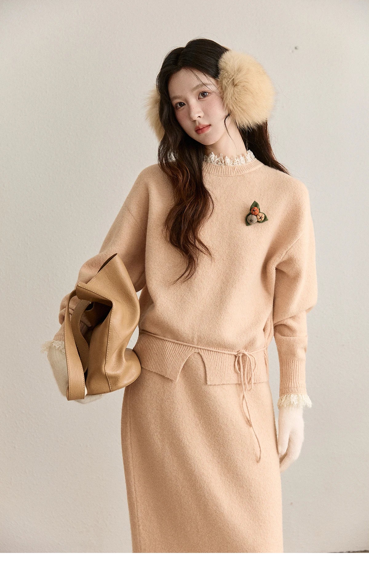 MISHOW Lace Trim Knitted Sweater Midi Skirt Set 2025 Winter Non Removable Brooch Decor Sweater Back Split Skirt Sets MXE92T1450