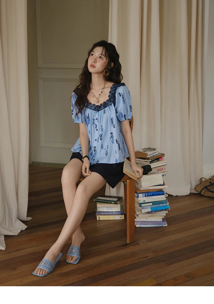 MISHOW Fashion Print Cotton Shirt for Women 2025 Summer New Puff Sleeve Lace Splicing Retro Blue Casual Button Top MXE35X1842