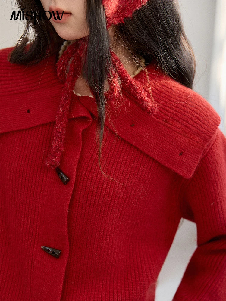 MISHOW Women's Retro Red Bull Horn Button Sweater 2025 Winter Arctic Velvet Warm Knitted Sweater Excluding Headscarf MXE90Z2819