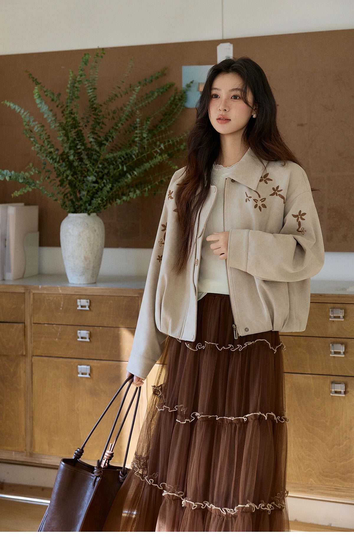 MISHOW Women's Imitation Suede Jacket2026 Spring Floral Embroidery Lapel Zipper Coats Long Sleeve Casual Outerwear MXF11W1027