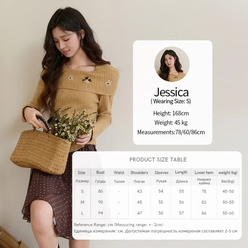 MISHOW Women's Yellow Ribbed Knit Sweater 2026 Spring One Shoulder Collar Floral Embroidery Long Sleeve Thin Sweaters MXF11Z2894