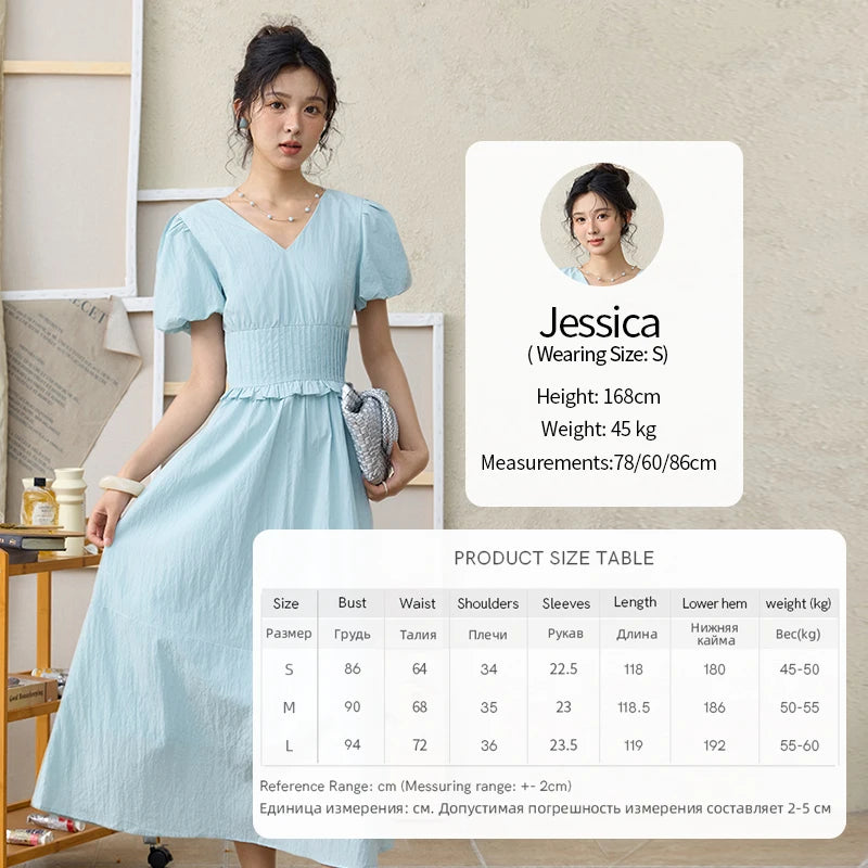 MISHOW French Summer Dresses Women 2025 New Short Puff Sleeve V-neck Solid Cotton Blended Dress Female Slimming MXE34L2288