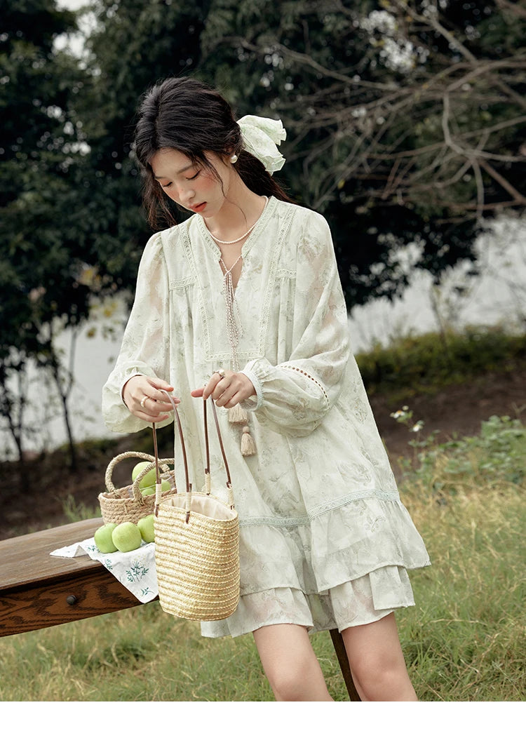 MISHOW Floral V-neck Drawn Tassels Dresses 2025 Spring Summer Hollow Out Lantern Sleeve Dresses Vacation Doll Dress MXE15L2121