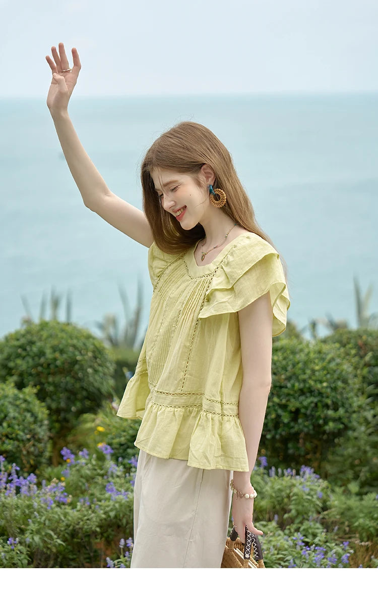 MISHOW Korean Lace Hollowed Out Flying Sleeve Blouse for Women 2024 Summer Square Neck Doll Shirt Casual Top MXD30X1574