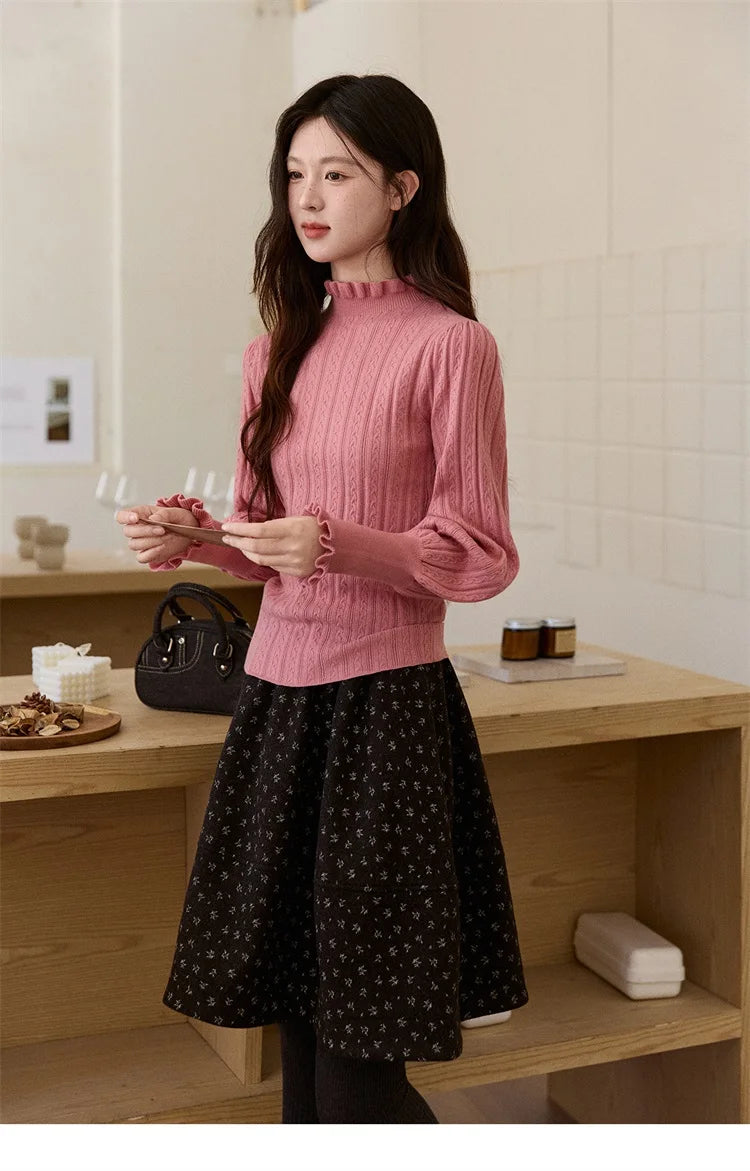 MISHOW Women's Half Turtleneck Ruffle Trim Lantern Sleeve Bottoming Tops 2025 Winter Vertical Rib Slim Knitted Top MXE93Z2810