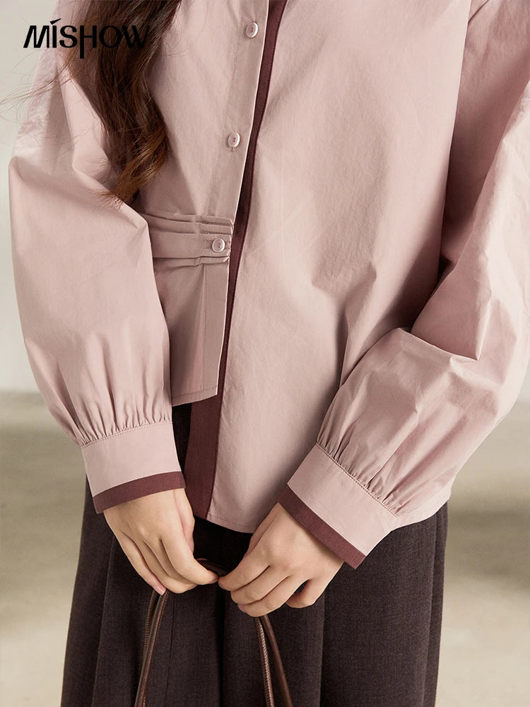 MISHOW Women's French 100 Cotton Contrasting Color Shirts Spring Polo Neck Asymmetrical Casual Commute Loose Shirt MXF13C2435