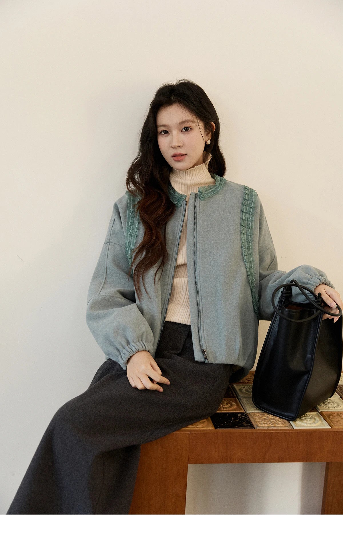 MISHOW Women's Light Blue Down Coats Winter Lace Decor Zipper Puff Sleeve Coats O Neck Loose Casual Warm Outerwear MXE94W1048