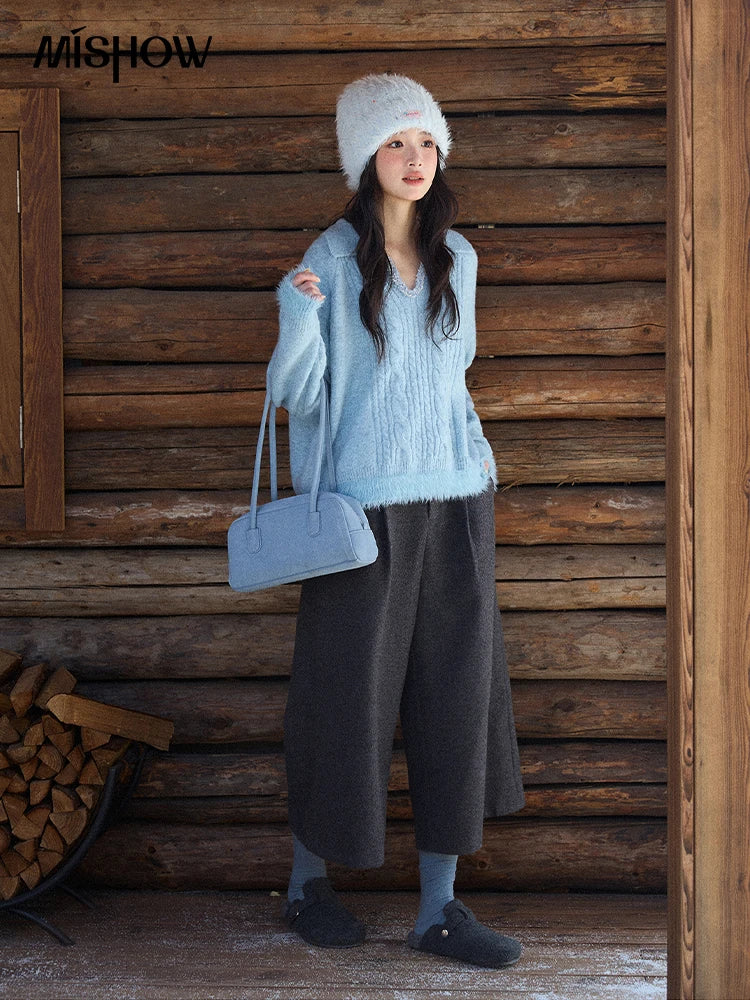 MISHOW Women's Pants 2025 Fashion Gray Wool Wide-leg Pants High-waisted Cropped Retro Style Commuting Pants Warm MXE90K1128