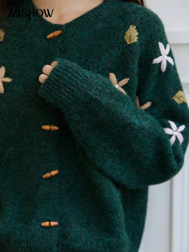 MISHOW Women's Winter Cardigan 2025 New Retro Flower Embroidery Green Knitted Cardigan Casual Long-sleeved Tops MXE86Z2729