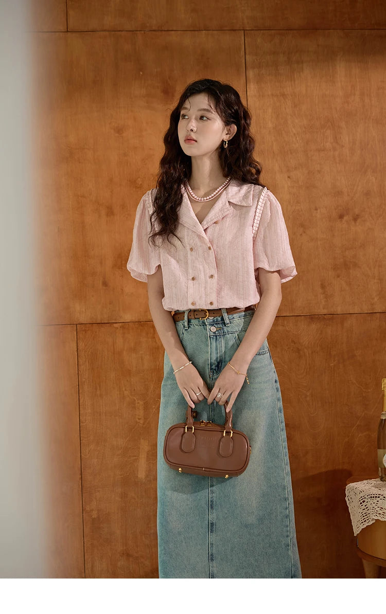 MISHOW Retro Pink Short Sleeved Shirt 2024 Summer V-neck Folded Ruffled Edge Top Elastic Cuffs Lapel Neck Blouses MXD29C0273