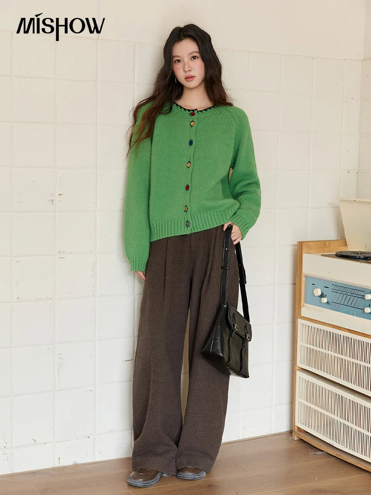 MISHOW Color Button Thickened Sweater for Women 2025 Winter Minimalist Loose Crew Neck Long Sleeves Cardigan Ladies MXE88Z2688