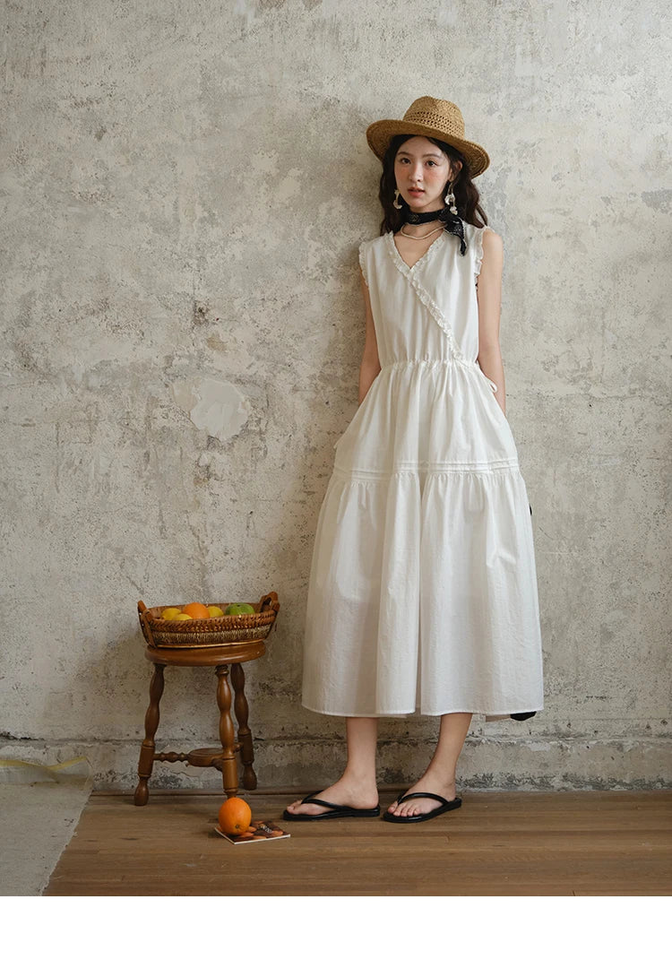 MISHOW Sleeveless Dress for Women Summer 2025 Drawstring Waist Simple Fashion Lace V-neck Dresses Female Clothing MXE37L2331