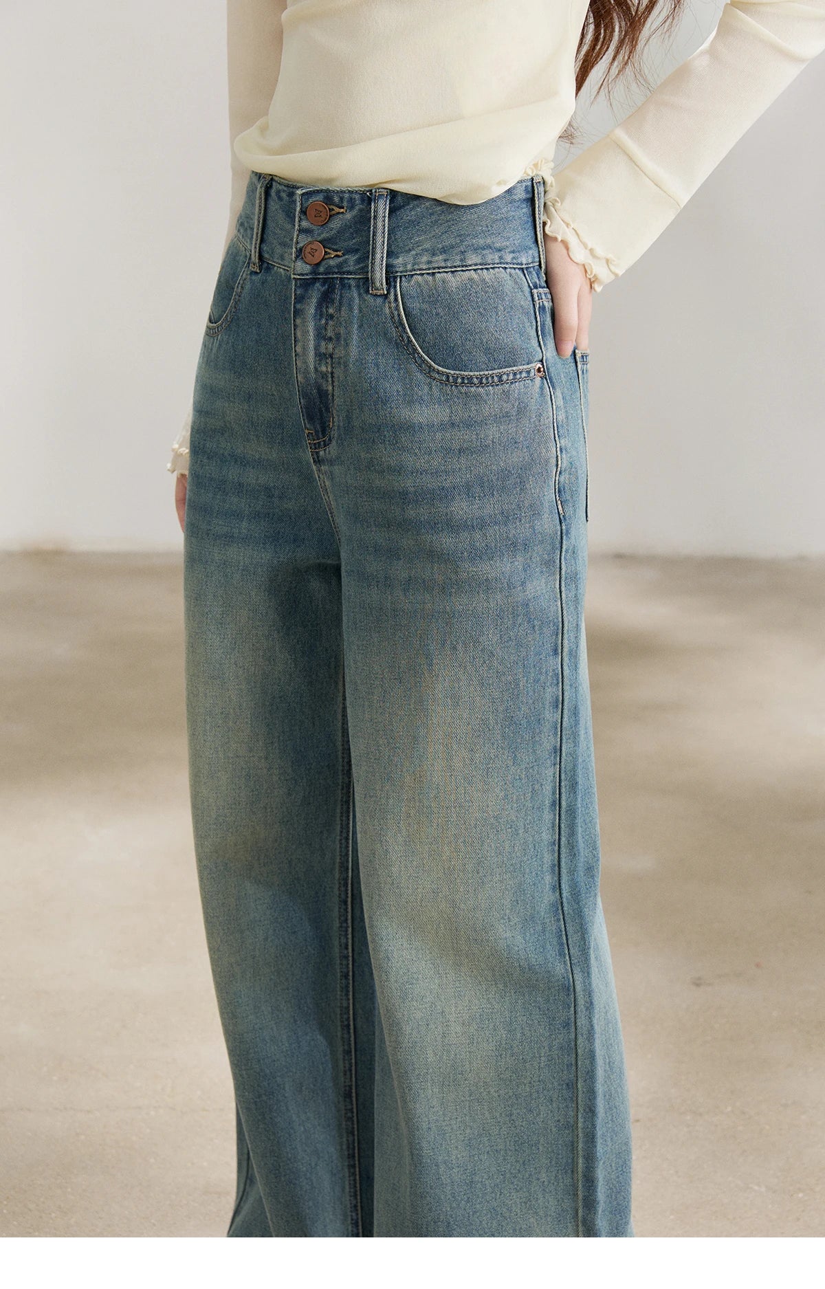 MISHOW Women's Vintage Blue Wide Leg Jeans Spring High Waist Cotton Pants Two-button Loose Casual Denim Trousers MXF108K1005