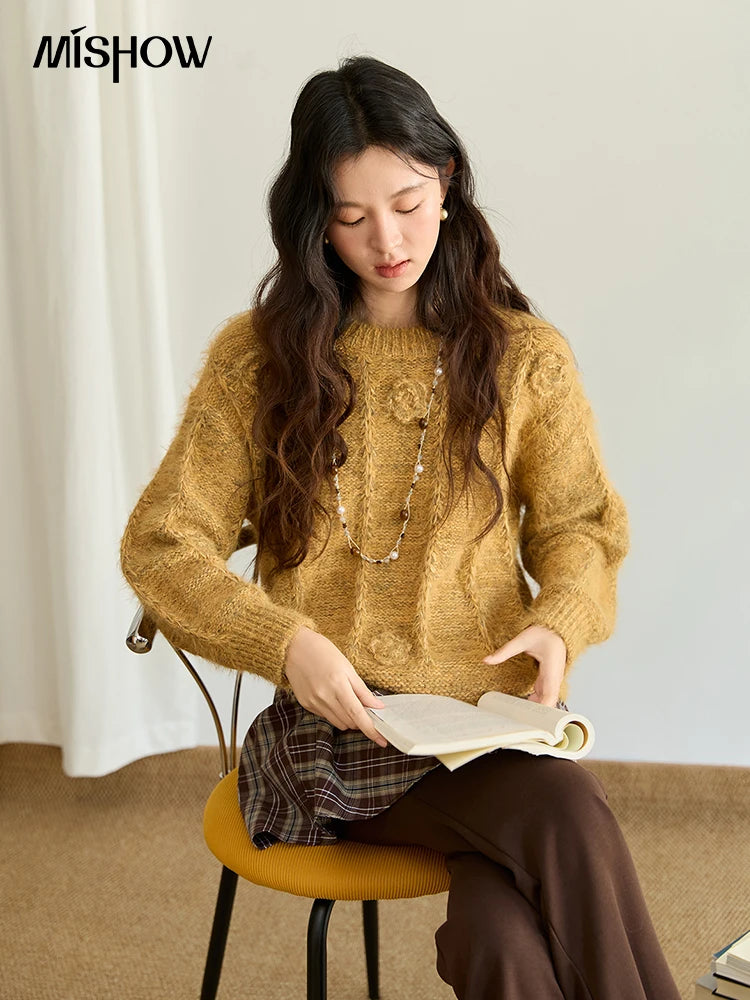 MISHOW Pretty Women's Sweaters 2025 Autumn Retro Yellow 3D Rose Embroidery Loose Casual Tops Long-sleeved Pullover MXE47Z2563