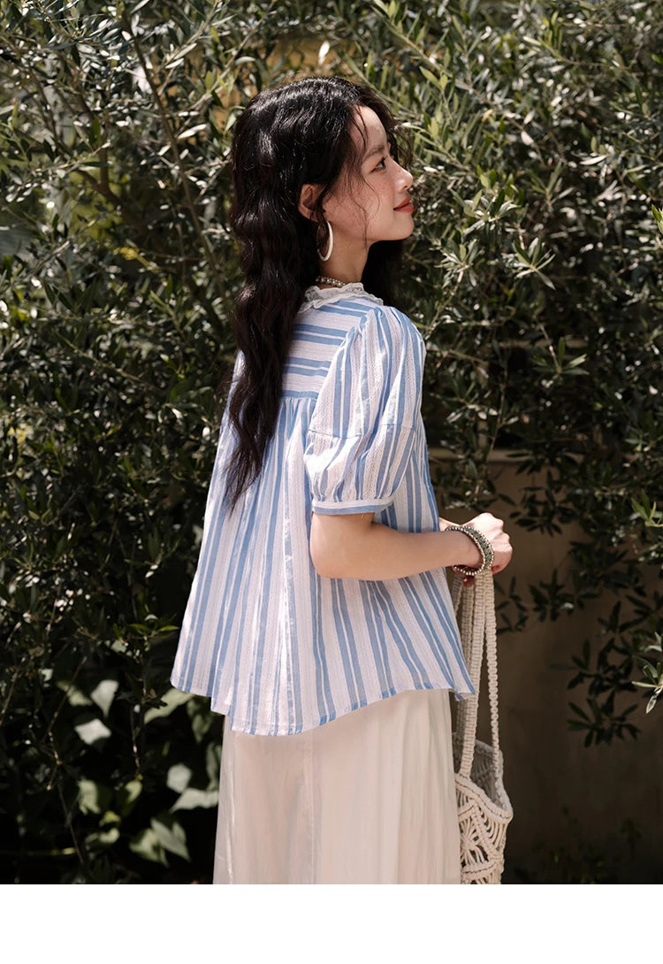 MISHOW 2025 Summer New 100% Cotton Striped Blouse Women Fashion Lantern Sleeve Lace V-neck Casual Top Ladies Clothing MXE36X1845