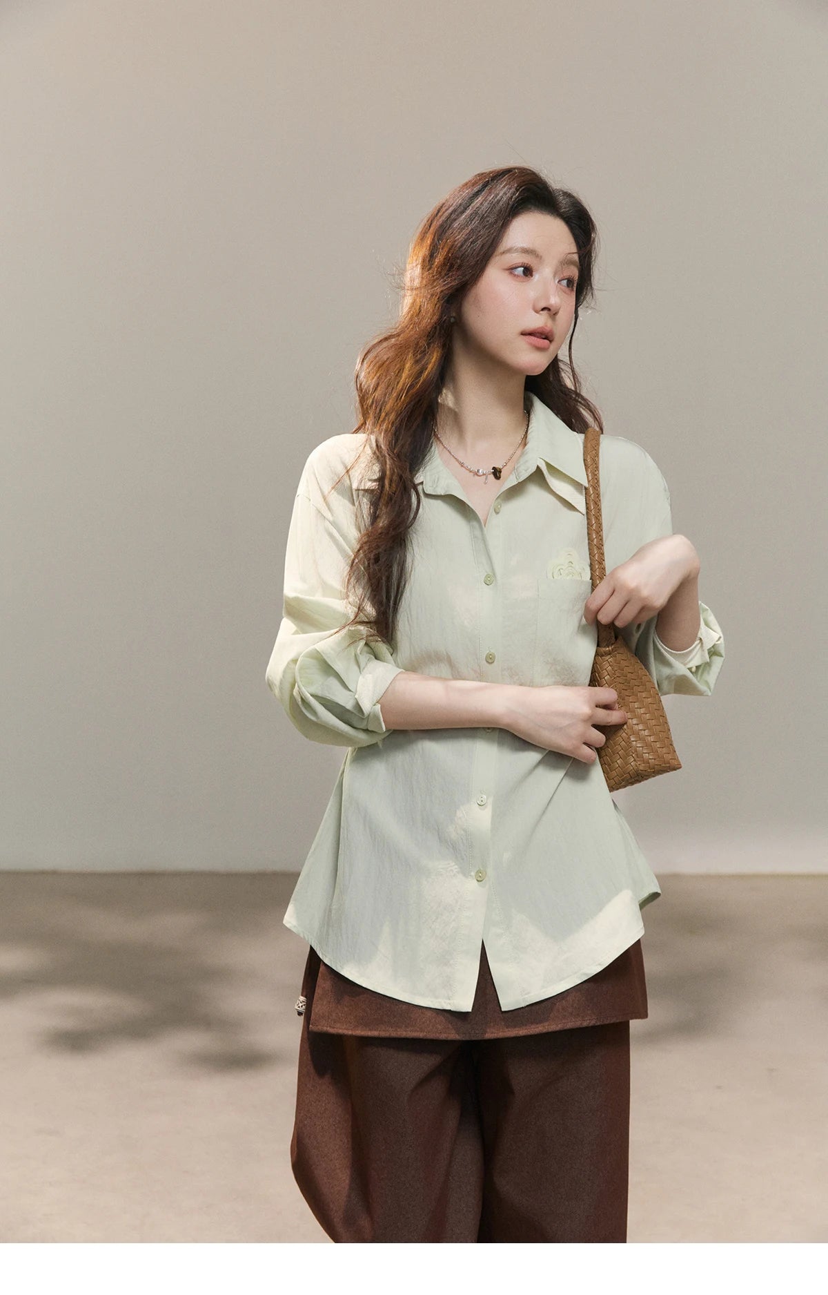 MISHOW Women's Contrast Trim Lapel Collar Shirts 2026 Spring Floral Embroidery Pocket Decor Button Waist Casual Shirt MXF13C2440