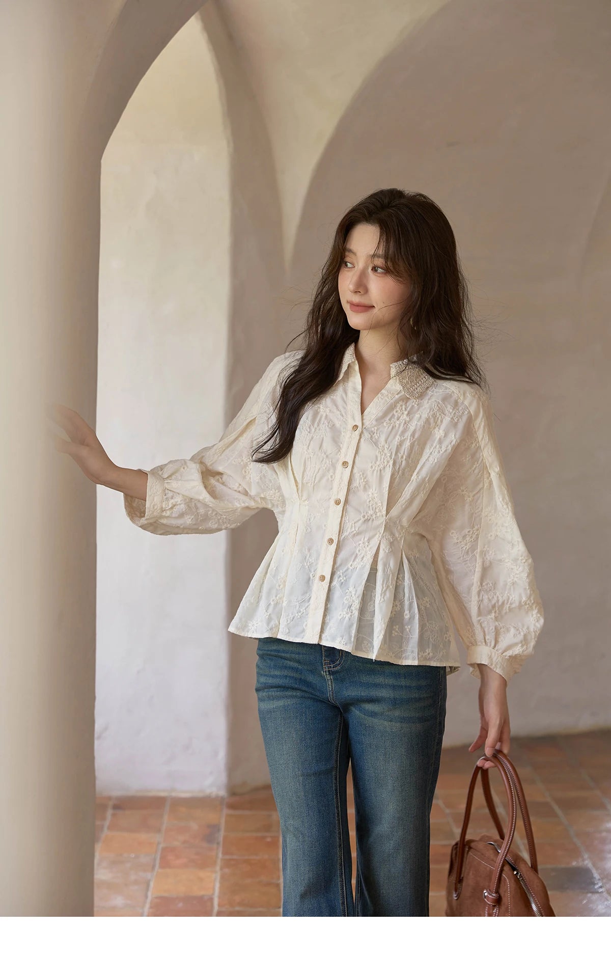 MISHOW Women's Lantern Sleeve Blouse 2025 Autumn French Lace Hollow Out Lapel Collar Shirts Waist Hem Ruffle Tops MXE42C2372