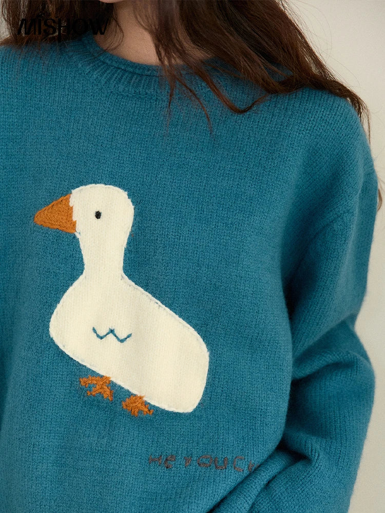 MISHOW Woman Knit Top Peacock Blue Jacquard Sweater for Women 2025 Winter O-neck Long Sleeve Loose Fit Thick Sweater MXE86Z2751