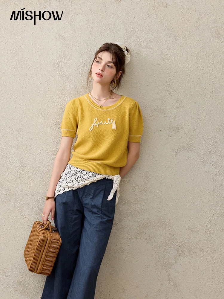MISHOW French Knitted Pullover Women Summer 2025 Letter Short Sleeve Round Neck Slimming Sweater Female Fashion MXE33Z1219