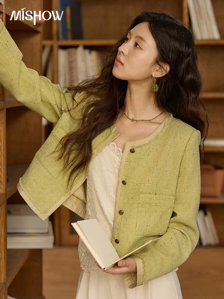 MISHOW Green Fragrant Short Coat 2025 Autumn Korean Single Row Metal Buttons Jackets Symmetric Pocket Commuter Top MXE41W0796