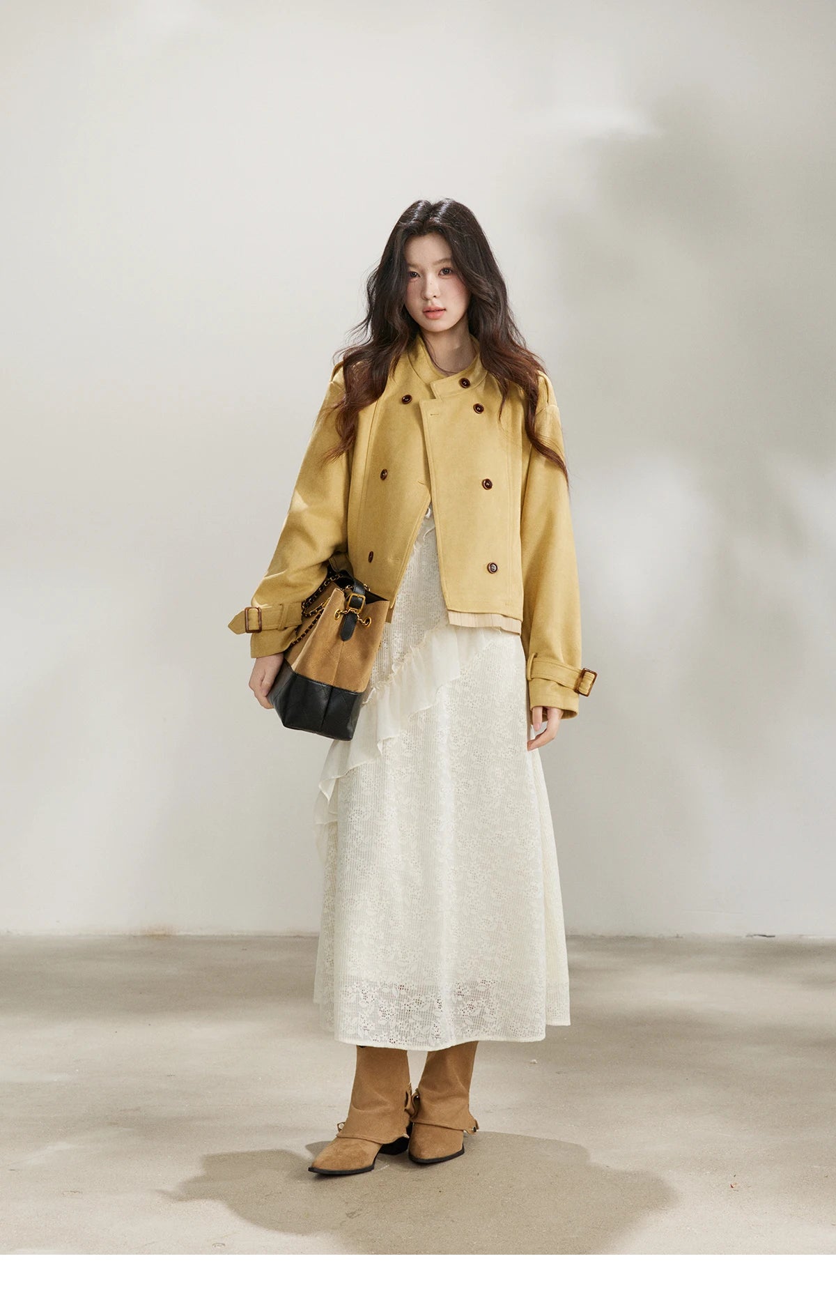 MISHOW Women's Yellow Double-Breasted Trench Stand Collar Coat Adjustable Cuffs Splicing Striped Hem Casual Outerwear MXF11W1026