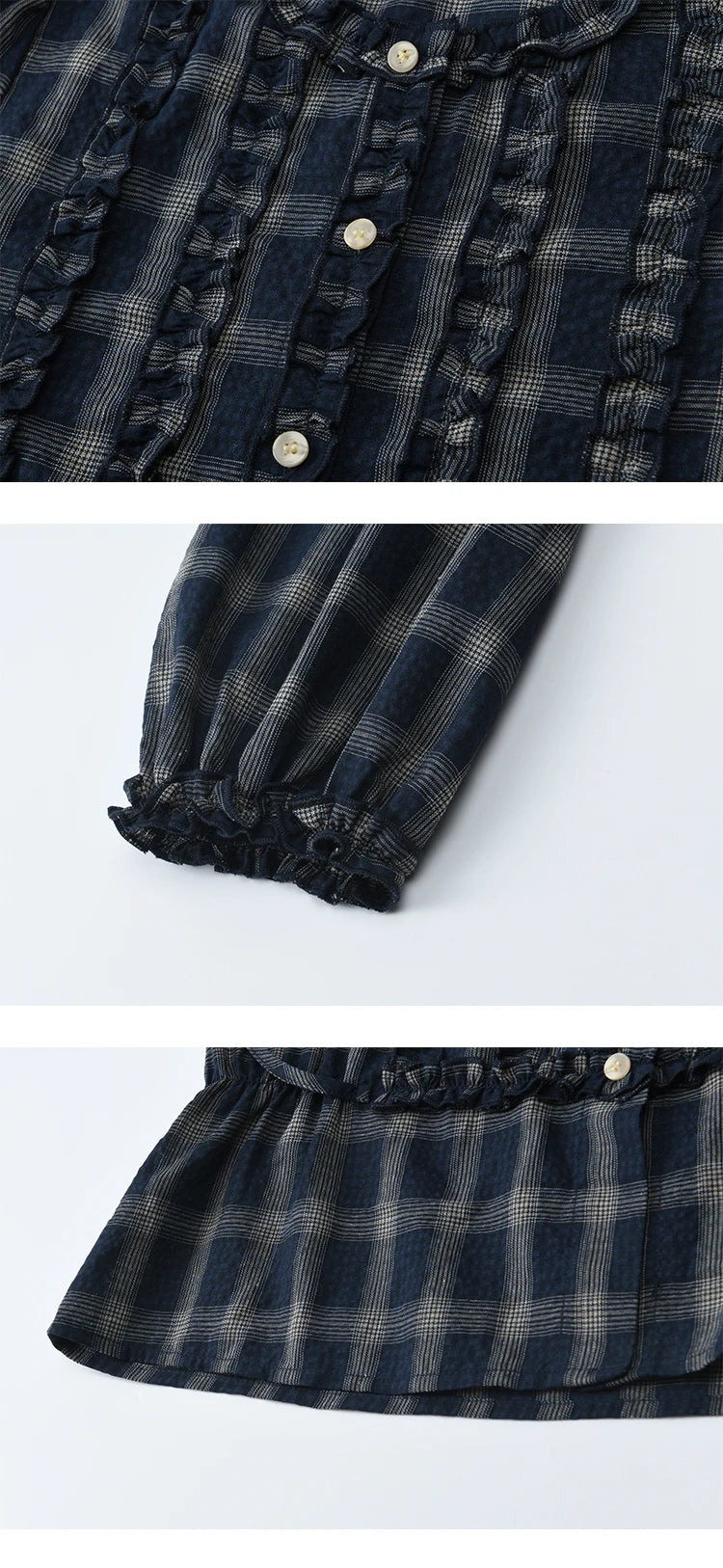 MISHOW Women's Vintage Blue Plaid Shirt 2025 Autumn New Elegant Luxury Loose Waist Shirts Round Neck Long Sleeved Top MXE45X2480