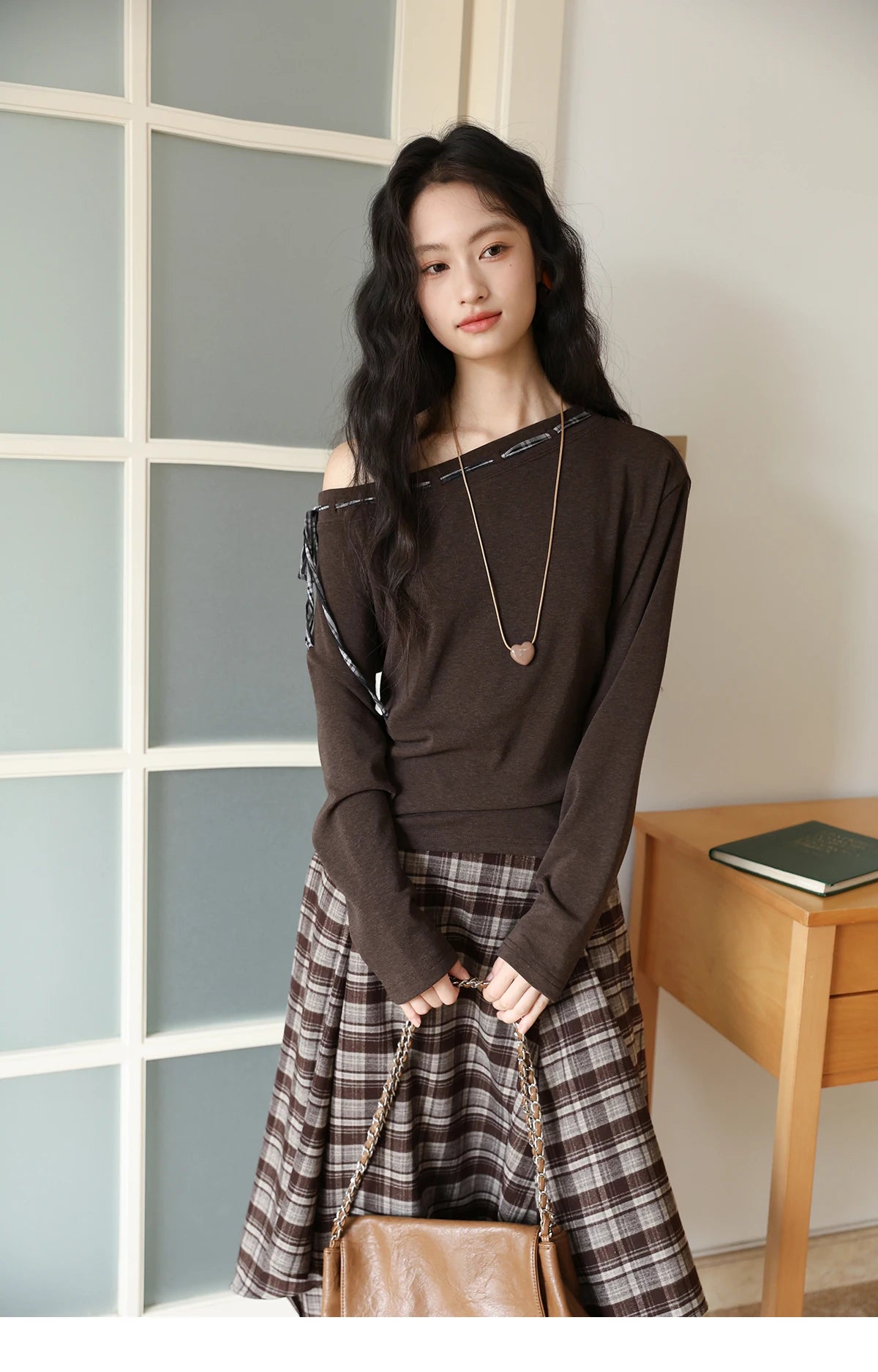 MISHOW Slant Shoulder Knitted Top for Women Autumn 2025 Drak Brown Plaid Strap Design Tops Casual Knitted Base Top MXE45T1402