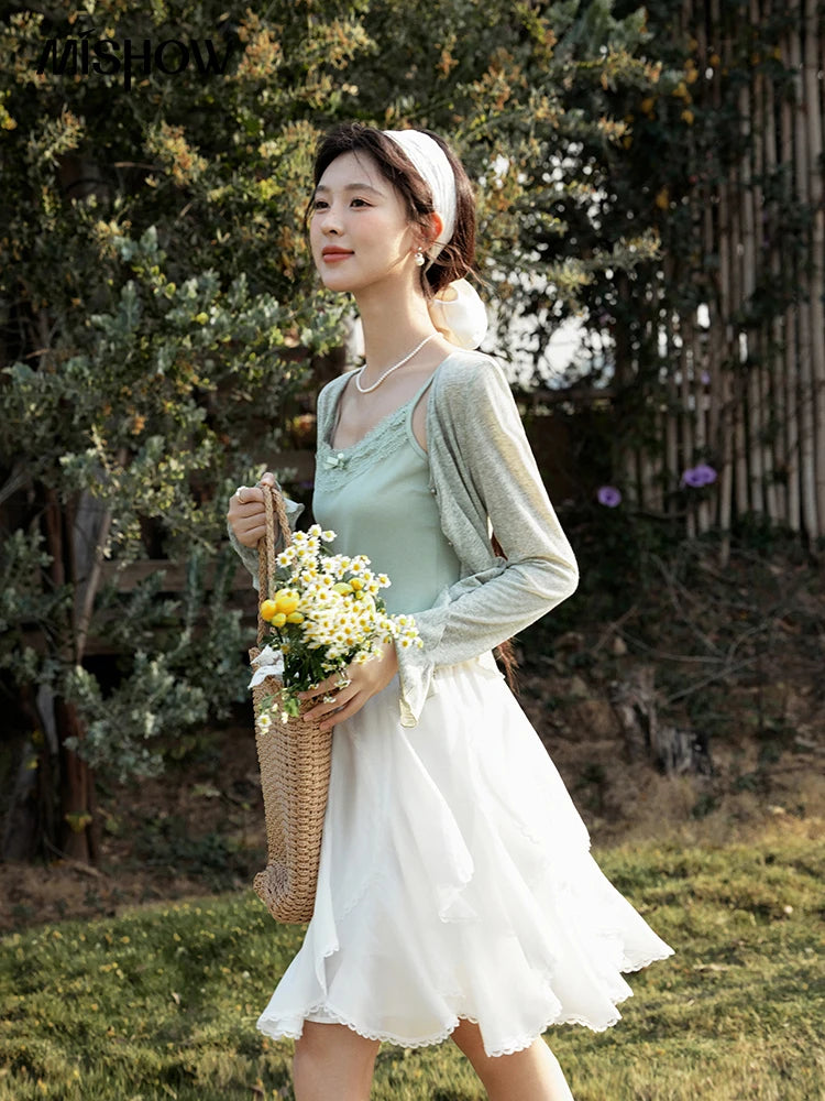 MISHOW Light Green Camisole Knit Cardigan Two-piece Set Spring Summer 2025 Lace Bow Camisole V-neck Cardigan Sets MXE15T0504