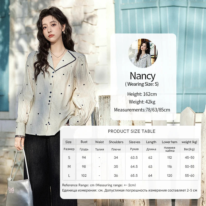 MISHOW Striped Bubble Sleeve Shirt for Women 2025 Spring French Retro Love Embroidered Top 100 Cotton V-neck Shirts MXE12C0390