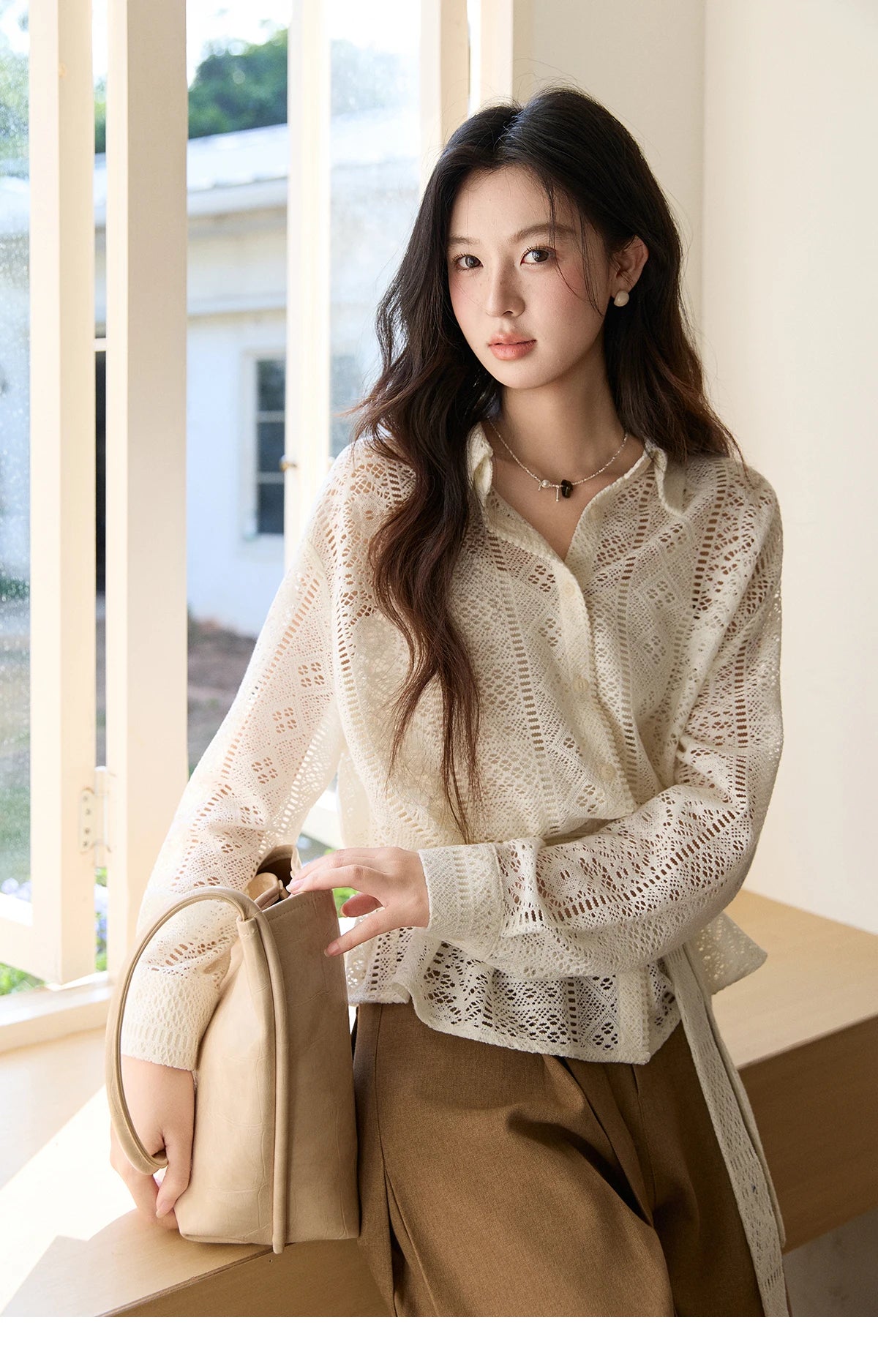 MISHOW Women's Hollow-out Lace Shirt Camisole Set 2026 Spring Lapel Drawstring Waist Sheer Casual Two-Piece Knitwear MXF108C0816