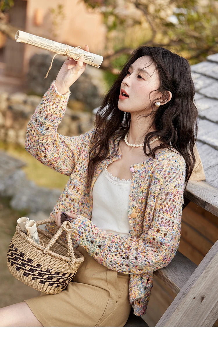 MISHOW Women's Sweet Woven Hollow Knitted Cardigan 2025 Spring Rainbow Button Single Breasted Top O-neck Cardigan MXE13Z1110