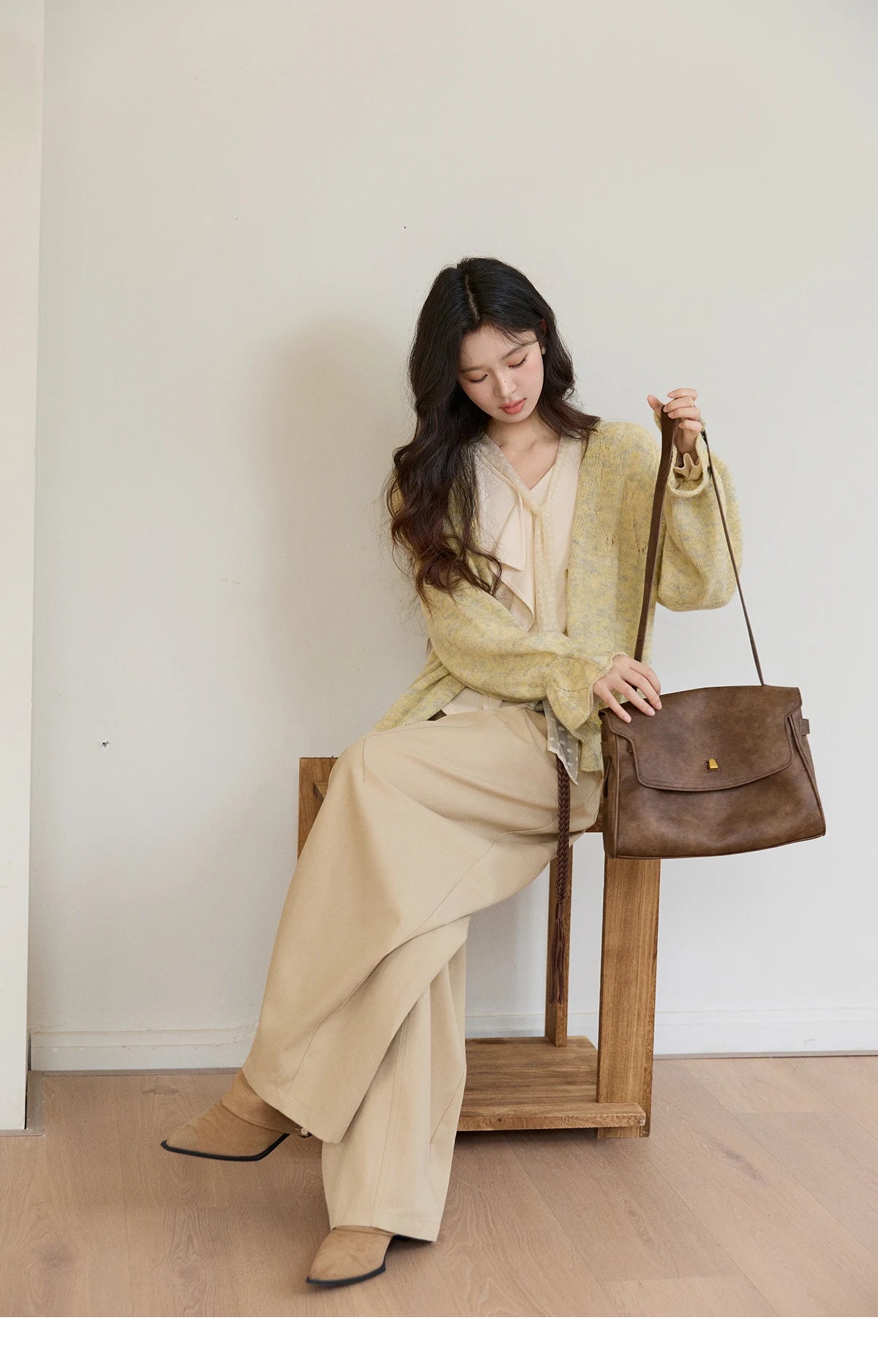 MISHOW Women's Khaki Wide Leg Pants 2026 Spring High Waist Belted Pants Rear Fake Pocket Design Casual Loose Trousers MXF13K1237