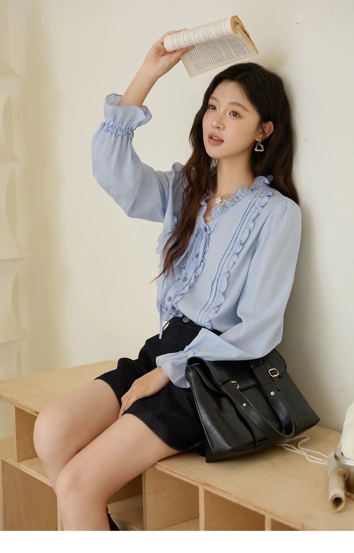 MISHOW 100% Lyocell Women's Blue Shirt 2025 Autumn French Ruffles Long Sleeves Ties Blouse Office Lady Elegant Top MXE45X2484