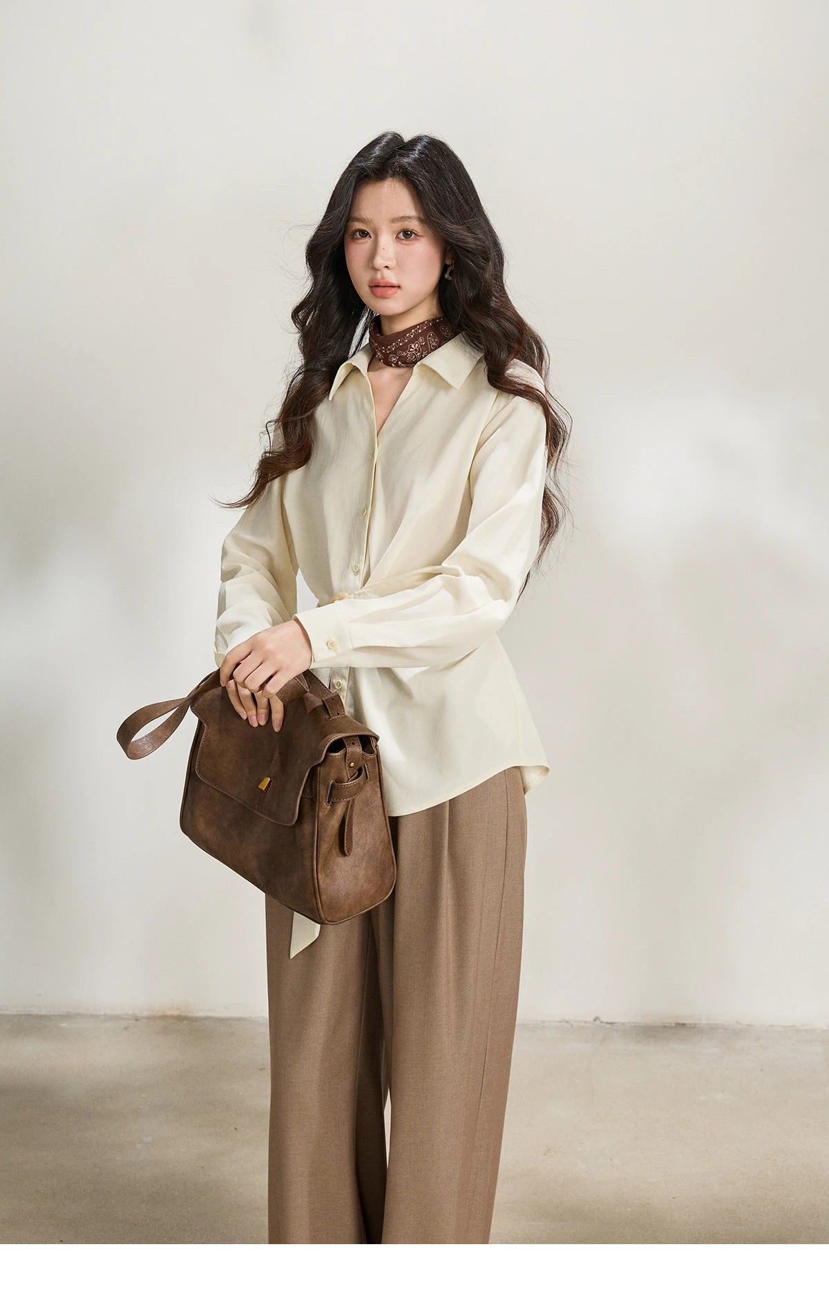 MISHOW Women's Lapel Collar Long Sleeve Shirt 2026 Spring with Belted Waist Casual Loose Soft Beige Shirt Office Lady MXF13C2452