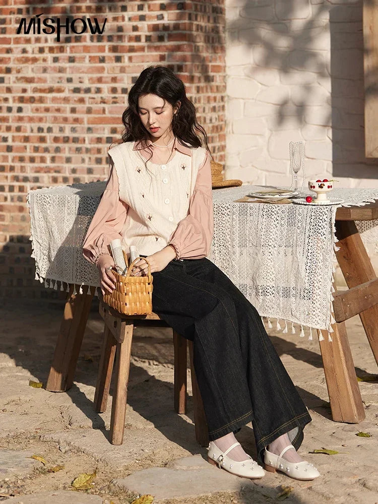 MISHOW 3D Flower Sweet Knitted Vest Women's Spring 2025 New Vintage Loose Casual Sweater Vest Cute Female Tops Korean MXE11Z1077