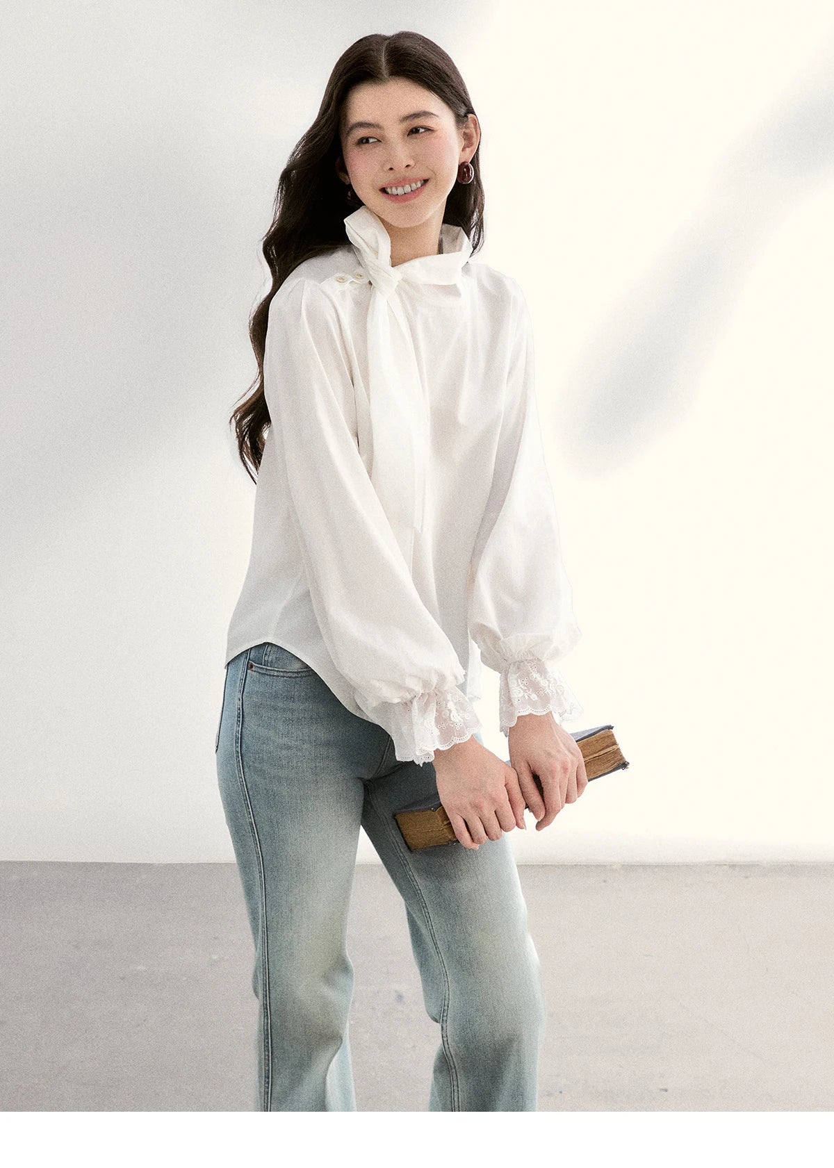 MISHOW Women's White Blouse Spring Bow Tie Neck Lantern Sleeve Patchwork Lace Blouses Casual Elegant Top Office Lady MXF108C0814