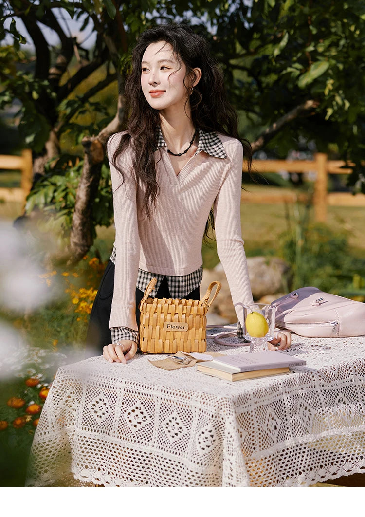 MISHOW Plaid Splicing Fake Two-piece Tops for Women Spring 2025 Contrasting Colors Slim Thin Top V-neck Casual Tees MXE13Z1108