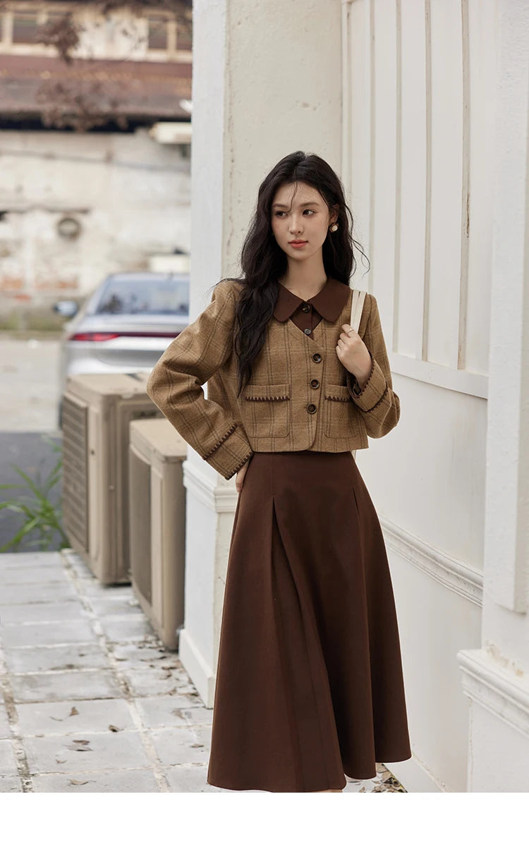 MISHOW Plaid Tweed Coats Midi Skirt Separately Women 2024 Fall Winter Polo Vintage Elegant Jackets Pleated Skirts MXD46W0460