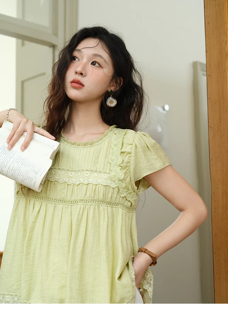 MISHOW Women's Fashion Round Neck Blouse 2025 Summer New Short Sleeve Mushroom Edge Lace Decoration Female Casual Top MXE39X1887