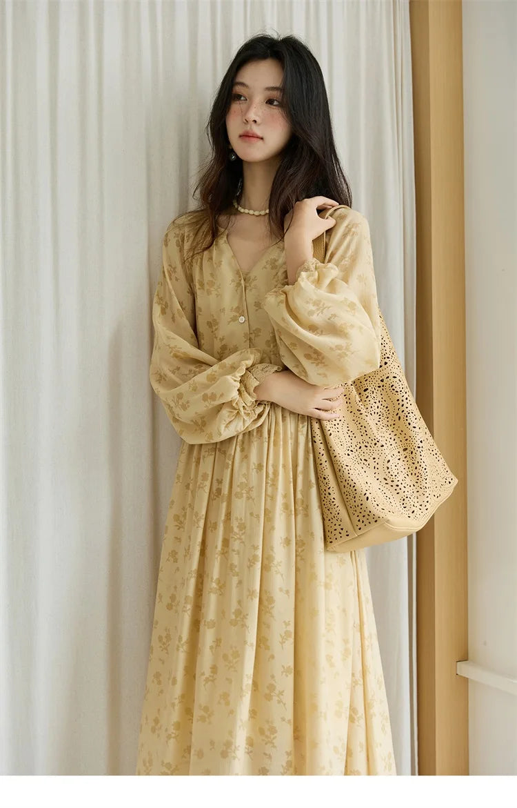 MISHOW Yellow Printing Dress for Woman 2025 Autumn Elegant Lace Lantern Sleeve Waist Slim Long Dress V-neck Dress MXE47L2527