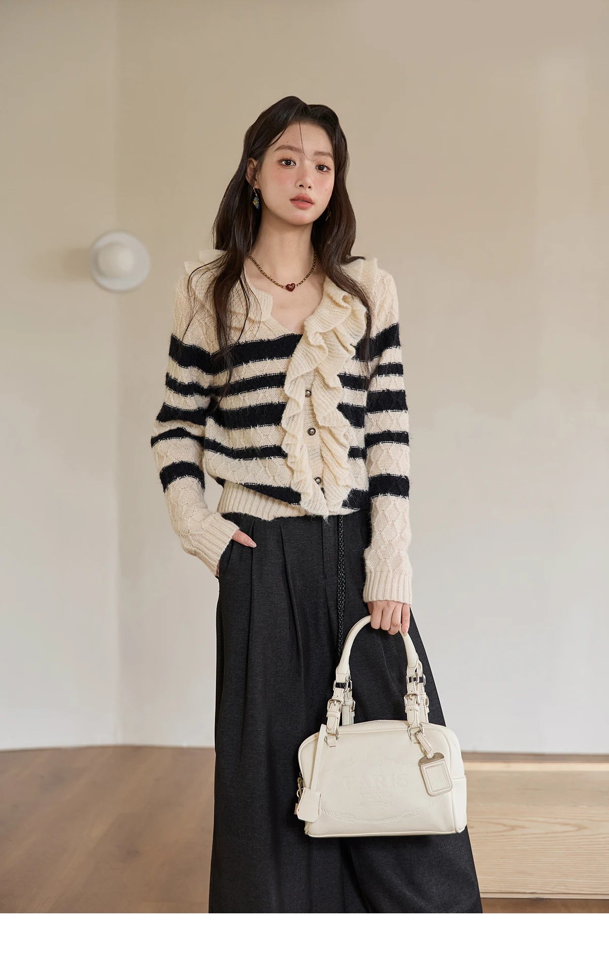 MISHOW Striped Sweater for Women 2025 Autumn New Asymmetrical Ruffled Diamond Shape Knitted Retro Women's Cardigan MXE51Z2633