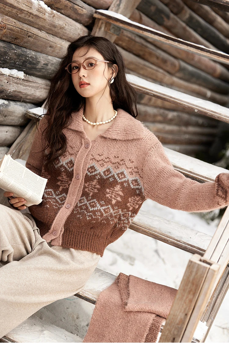 MISHOW Fair Isle Knitting Sweater Christmas Retro Cardigan Women Temperament Turn Down Collar Soft Warm Knitted Coat MXD58Z1036
