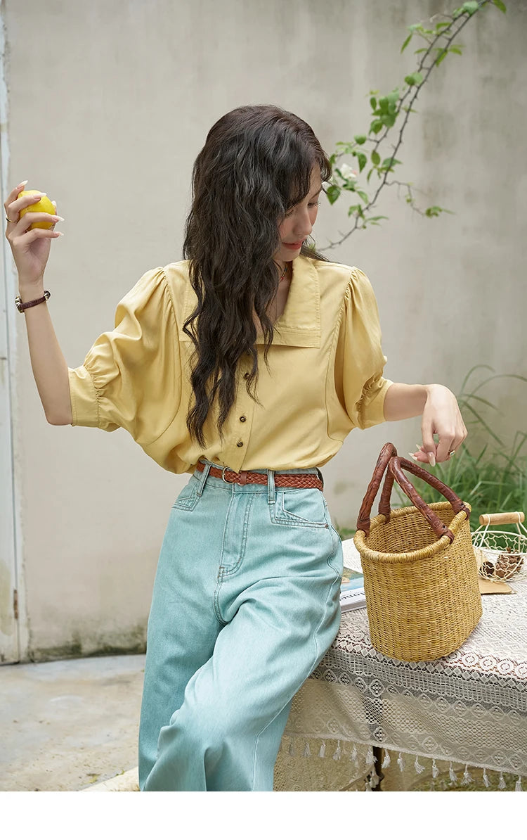 MISHOW Women's Short Sleeve Shirt Summer Thin Casual Simple Loose Elegant Blouses for Women 2024 Fashion Lapel Tops MXD28C0247