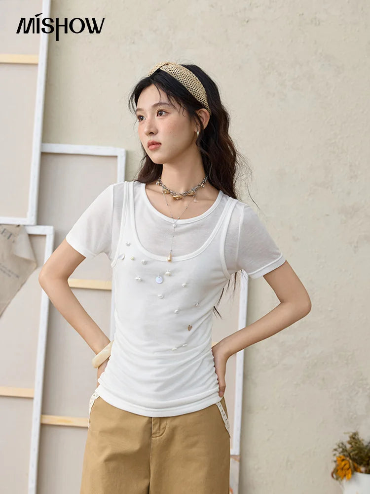 MISHOW White Fake Two Piece Bead Embroidered T-shirt for Women 2025 100 Cotton Tees Round Neck Knitted Breathable Top MXE35T0566