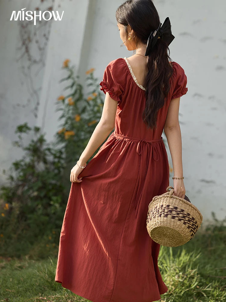 MISHOW French Summer Dress Women New 2025 Puff Short Sleeve Lace Neck Slimming Long Dresses Female Fashion Elegant MXE35L2297