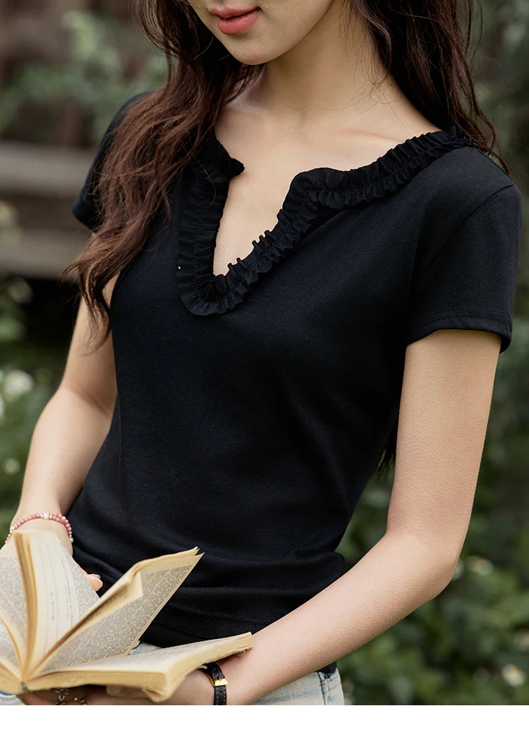 MISHOW Casual Summer T-shirts Women New 2025 Short Sleeve V-neck Solid Straight Shoulder Slimming Shirt Female Thin MXE35T0562