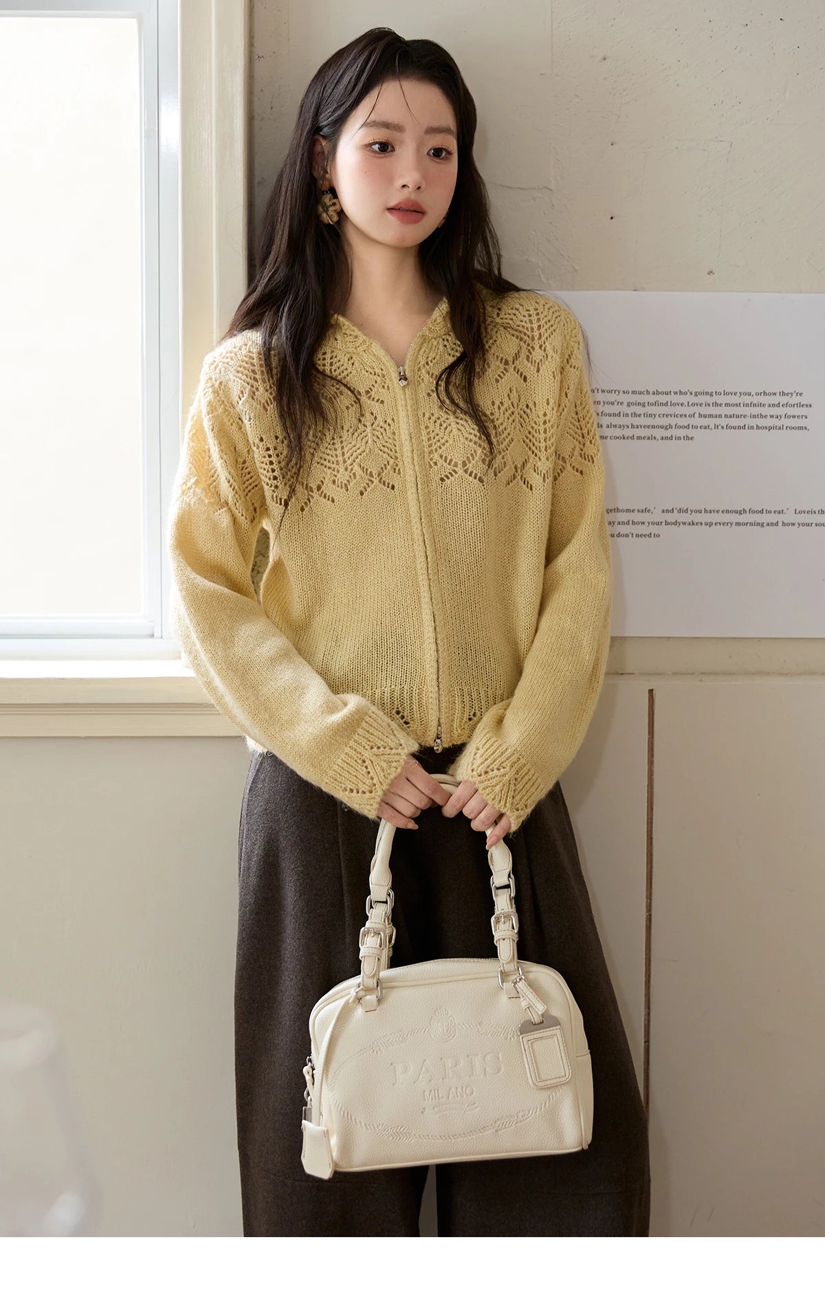 MISHOW Yellow Hollow Out Cardigan Women 2025 Autumn Winter New Hooded Zipper Sweater Loose Casual Bottoming Tops MXE46Z2584