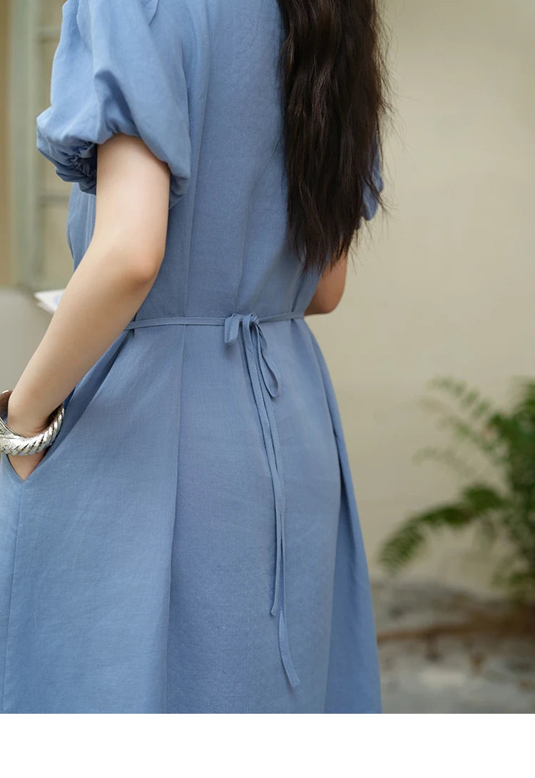 MISHOW Summer Fashion V-neck Dress Woman 2025 New Puff Sleeve Sashes Elegant Pocket Vacation Dresses Ladies Clothing MXE39L2381